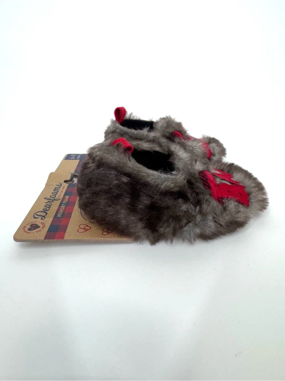Dearfoams Baby Bear Slippers Red Plaid & Brown Frost Faux Fur New Size 6-9 Mo